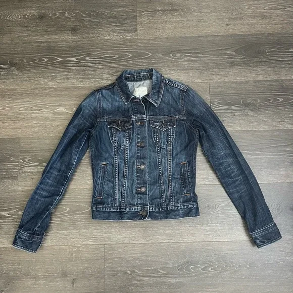 Old Navy  jean jacket womens XS Trucker‎ medium dark stretch denim Old School - Picture 2 of 12